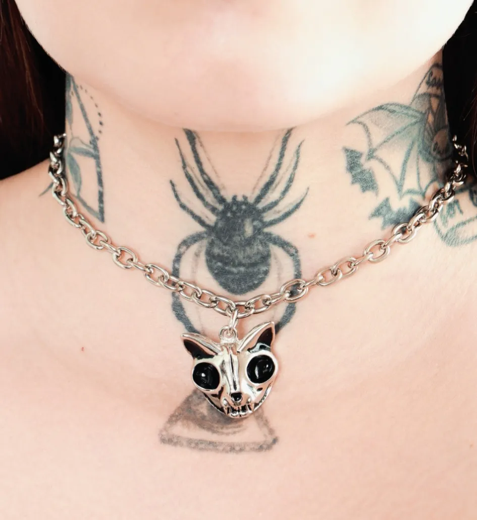 Choker Corrente Cat Skull Prateado