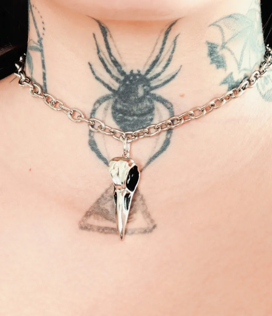 Choker Corrente Raven Skull Prateado