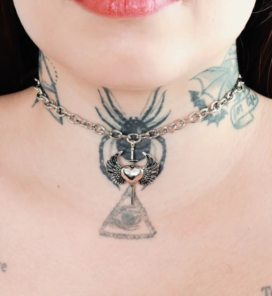Choker Corrente Heart, Wings And Dagger Prateado